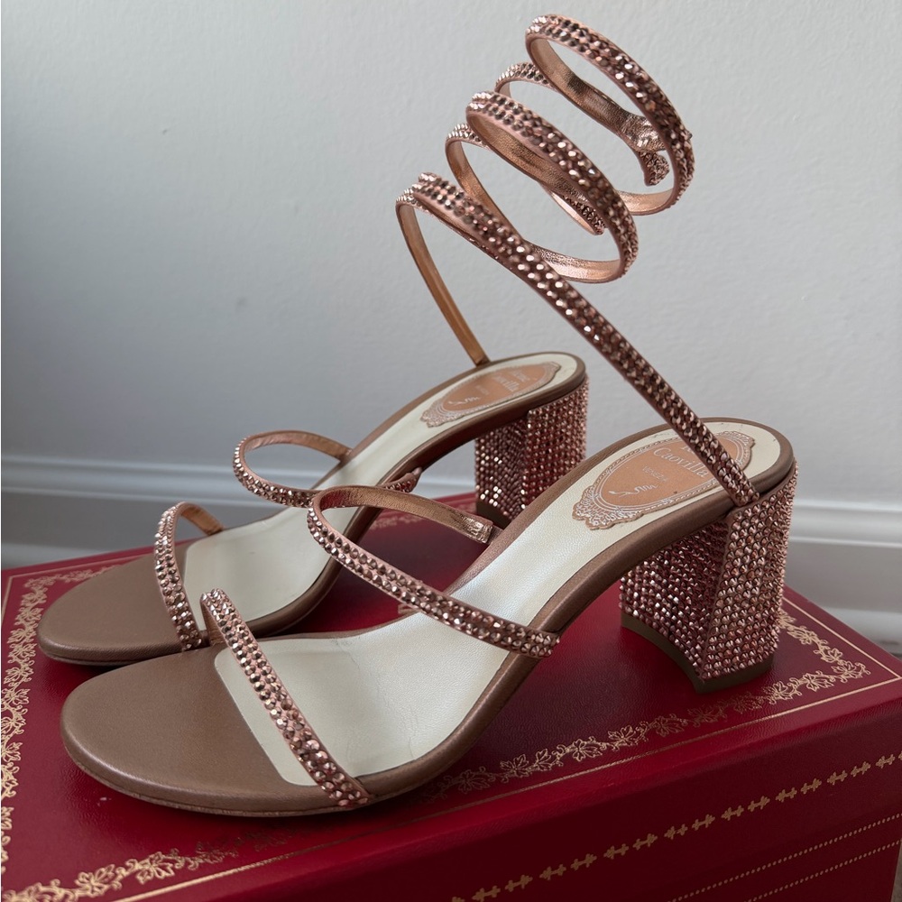 Rene Caovilla Cleo 65mm Satin Sandal w Crystal Embellishment Rose Gold 36.5 6.5